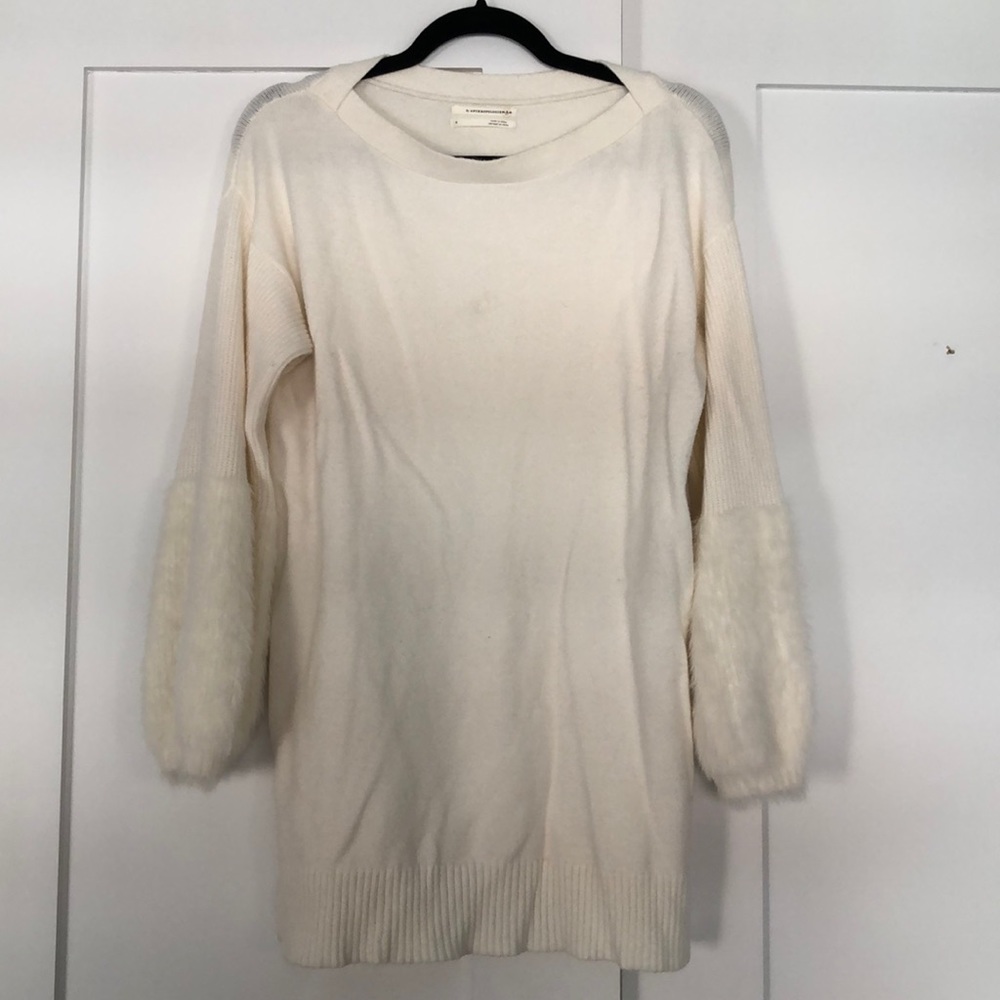 Anthropologie Cream Sweater with Fur Sleeves